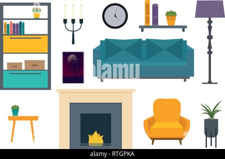 Set of living room elements Flat kitchen interior Vector illustration. Stock Vector