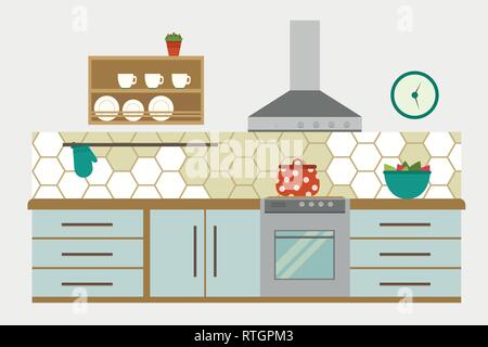 Kitchen Interior Flat kitchen interior Vector illustration. Stock Vector