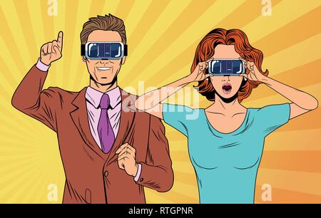 pop art couple using virtual reality glasses Stock Vector