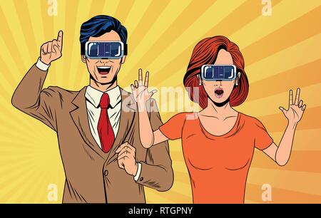 pop art couple using virtual reality glasses Stock Vector