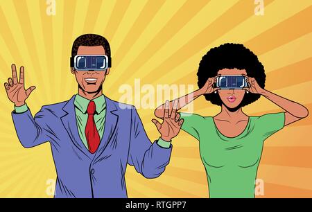 pop art couple using virtual reality glasses Stock Vector