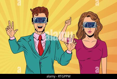 pop art couple using virtual reality glasses Stock Vector
