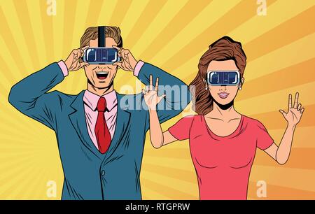 pop art couple using virtual reality glasses Stock Vector