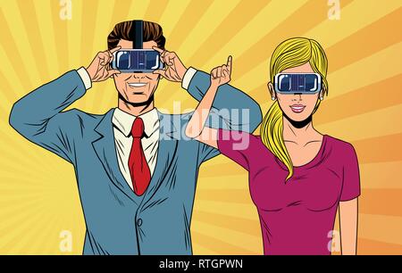 pop art couple using virtual reality glasses Stock Vector