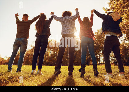 People standing with arms raised on meadow Stock Photo