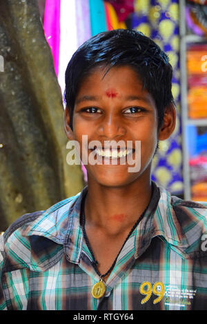 Smiling Indian Boy, Pondicherry, Puducherry, Tamil Nadu, India Stock Photo