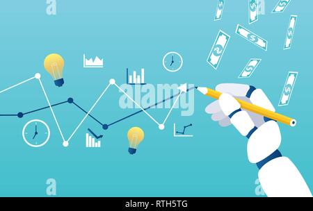Path to success wtih new technology implementation concept. Vector of a robot hand drawing a graph line leading to the goal. Stock Vector