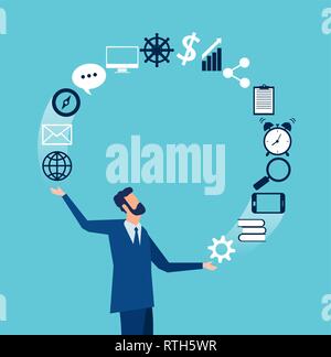 Vector of a businessman juggling business icons. Concept of multitasking in business Stock Vector