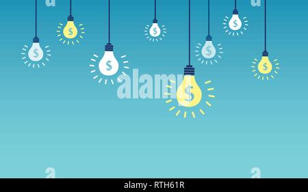 Vector of light bulbs with dollar symbols on a blue background. Successful financial ideas and innovation concept. Stock Vector