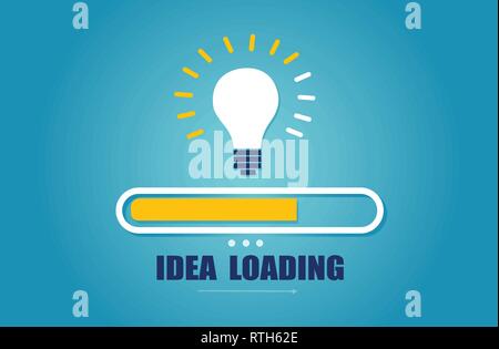 Problem solving and brainstorming concept. Vector of a loading bar almost complete with idea light bulb. Stock Vector