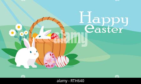 Vector of a colorful easter card with bunny, basket with eggs on a meadow blue sky background Stock Vector