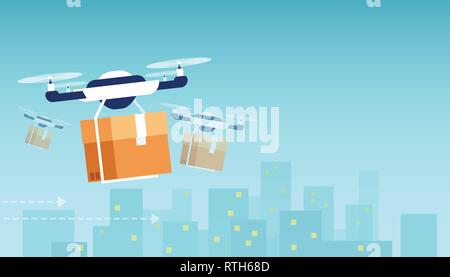 Modern technology implementation in merchandise home delivery logistics concept. Vector of drones delivering orders on the cityscape background. Stock Vector