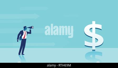 Financial vision concept. Vector of a business man looking in binoculars searching for a successful investment ideas Stock Vector