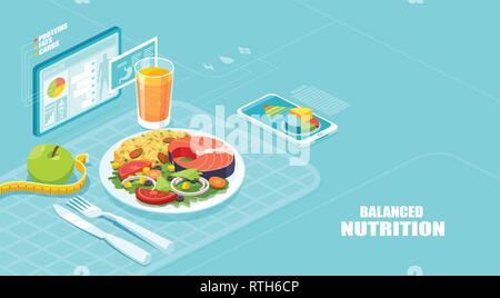Healthy balanced diet and weight loss program concept. Isometric vector of a nutrition app showing nutrition facts and assisting in calories count of  Stock Vector