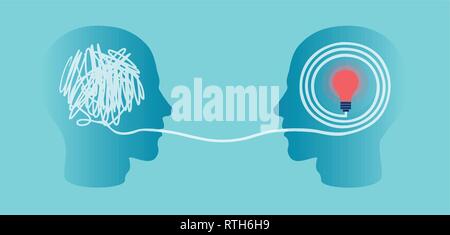 Vector silhouette of two profile heads one with scribbling and second with accurate right maze ending in a light bulb. Stock Vector