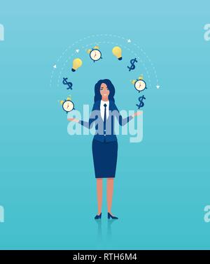 Vector of a businesswoman juggling business icons. Concept of multitasking and time management in business Stock Vector