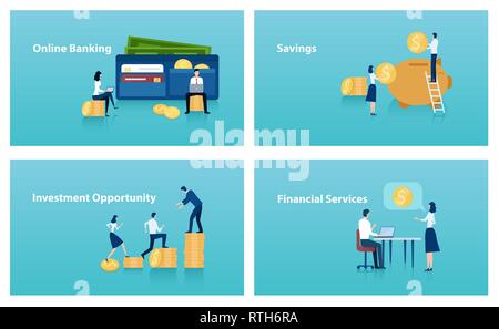 Vector set of web page templates of online banking, financial services, savings investment opportunities. Stock Vector