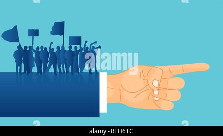 Vector of silhouettes of crowd protesters people with banners and megaphones standing on a politician hand indicating a direction. Concept of revoluti Stock Vector