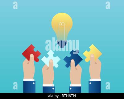 Vector of four hands together reaching out with puzzle pieces having a successful idea. Teamwork concept. Stock Vector