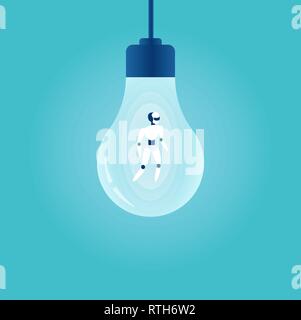 Business innovation concept. Vector of a robot standing inside a lightbulb. Stock Vector