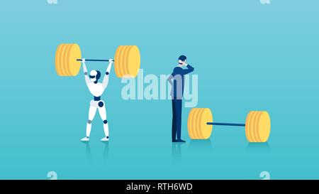 Human vs robots concept. Vector of a businessman standing next to weights unable to perform a task vs a capable robot Stock Vector