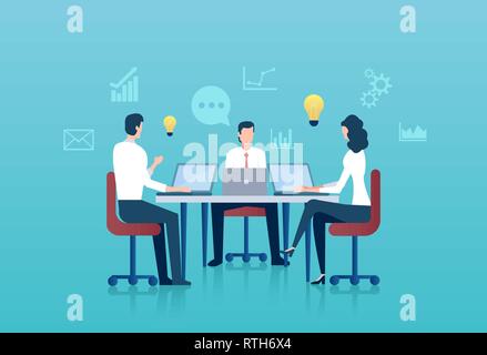 Vector of business people sitting at table brainstorming company future plans. Teamwork concept Stock Vector