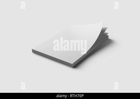 White sheets of papers. Realistic empty paper note template of A4 format with soft shadows isolated on soft gray background. 3D rendering. Stock Photo