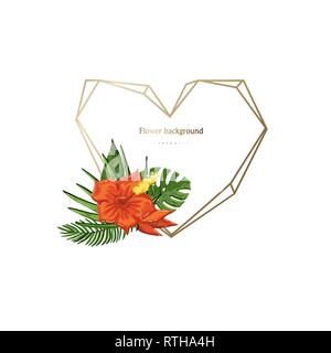 Vector gold geometric polygonal frame heart  with tropical flower isolated on a white background Stock Vector