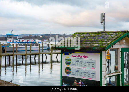 Ambleside jetty on Lake Windermere with boats for hire,Lake District national park,Cumbria,England Stock Photo