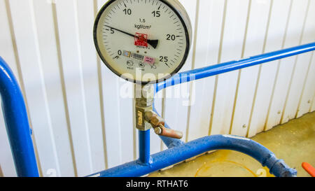The premises of the oil plant, Krasnodar, Russia - February 21, 2017: Manometer, Oil refinery. Equipment for primary oil refining. Stock Photo