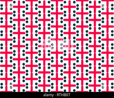 symmetrical repeating pattern red crosses dark circles on white background Stock Vector