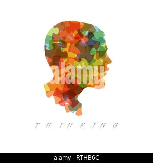 Vector thinking concept illustration - head made from colorful puzzle pieces Stock Vector