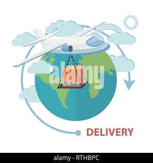 Vector delivery  background with  cartoon round earth, clouds and  arrow, worldwide delivery concept with aircraft with box isolated over white Stock Vector