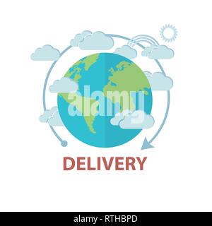 Vector delivery  background with  cartoon round earth, clouds and an arrow, worldwide delivery concept Stock Vector