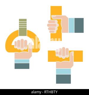 Hands in a flat style to hold the handrails in public transport. Rules of driving in a bus, trolley bus, electric train. Correct hand position in tran Stock Vector