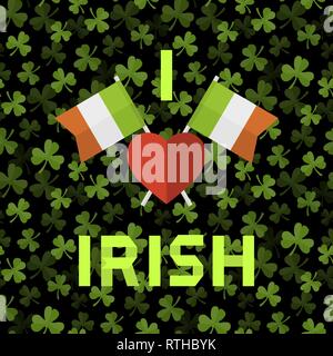 Vector seamless pattern with green clover on a dark  background with text i love Irish and heart and traditional Ireland flag Stock Vector