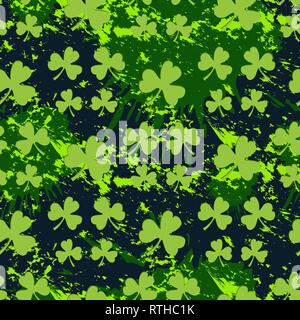 Vector seamless pattern with green clover on a dark blots background with blots ink Stock Vector