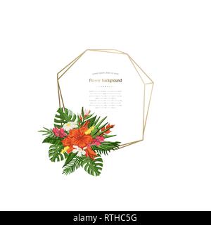 Frame with tropical flowers, a bouquet of monstera and hibiscus.Tropical floral geometric frame isolated ona white background Stock Vector