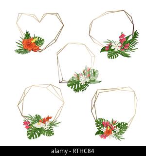 Vector gold polygonal trandy geometric frames set,collection of different sizes with tropical flowers,bouquet on a white background. Monstera leaf, hi Stock Vector