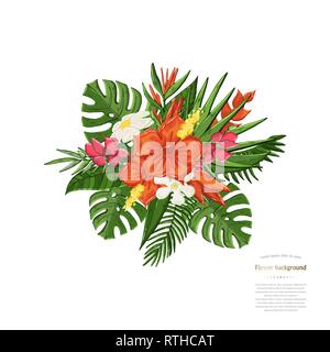 Vector tropical bouquet Monstera leaf, hibiscus flowers isolated ona white background Stock Vector