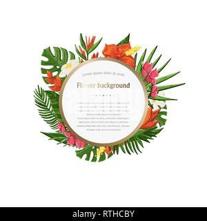 Vector Tropical plant,leaves and flowers background in circle isolated on a white background - Vector Stock Vector
