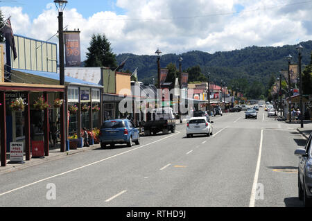Main Street Reefton in the West Coast region od South Island New Zealand. The Main Street is a popular stop off point for tourists. Stock Photo