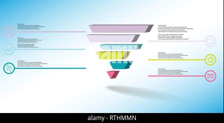 3D illustration infographic template. The embossed triangle is divided to six color shifted parts. Object is arranged on blue white background. Color  Stock Vector