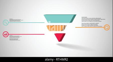 3D illustration infographic template. The embossed triangle is divided to three color shifted parts. Object is arranged on grey white background. Colo Stock Vector