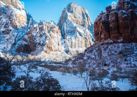 The Great White Throne in Zions National Park after a spring snow storm. Stock Photo