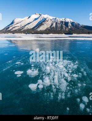 Cracks and methane bubbles trapped in ice covering Abraham Lake with Mount Michener in the background, Alberta, Canadian Rockies, Canada Stock Photo