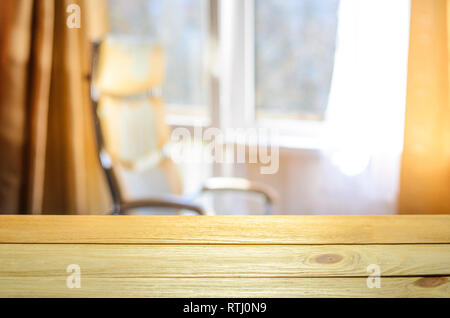 Product Placement Table. Blurry Bright Sunny Day Interior Background Stock Photo