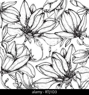 Doodle floral magnolia background in vector with doodles black and white coloring page Stock Vector