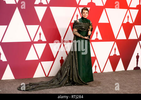 Olivia Colman, Best Actress winner for 'The Favourite', poses in the press room with her Oscar during the 91st Annual Academy Awards at the Dolby Theater in Hollywood, California on February 24, 2019. Stock Photo