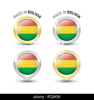 Made in Bolivia - Guarantee label with the Bolivian flag inside round gold and silver icons. Stock Vector